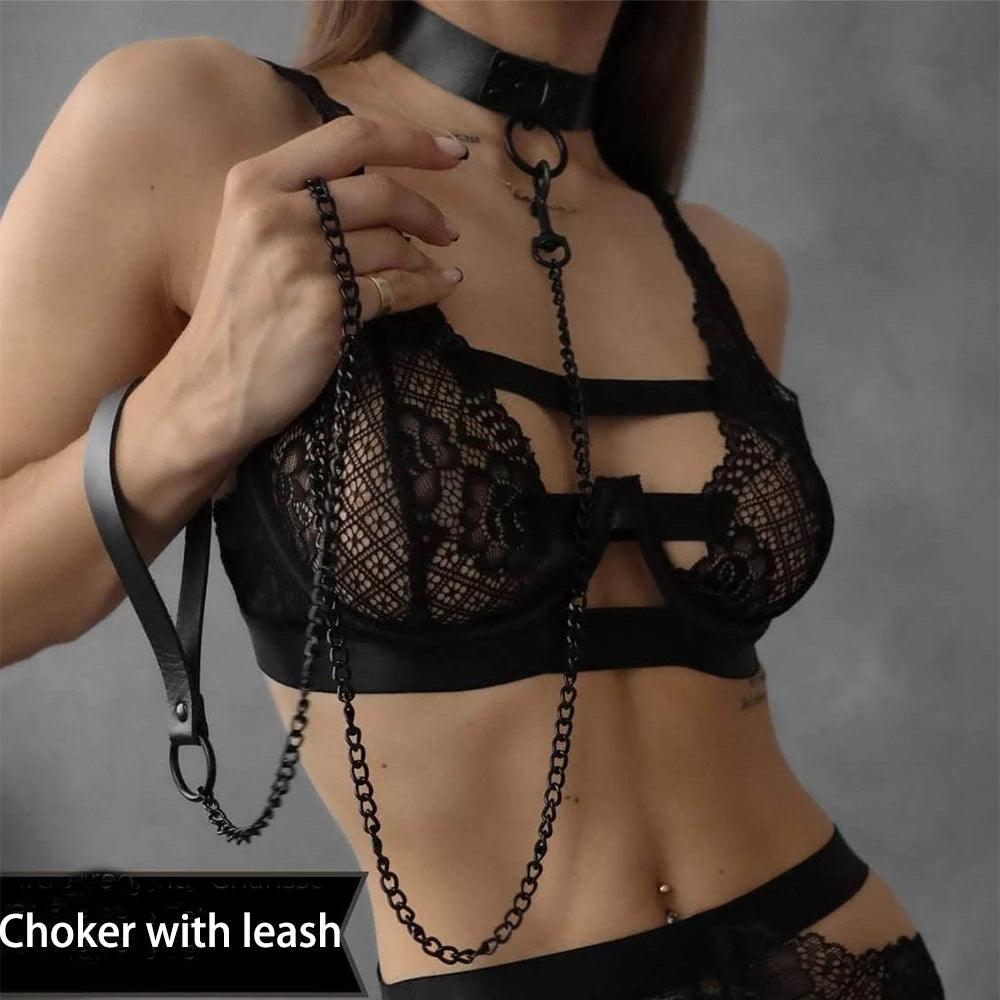 BDSM Halsband Set med Handbojor och Kedjor - WIQ
