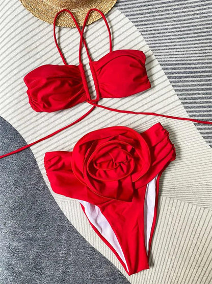 Bikini Set med 3D Blommor och Cross Halter - WIQ