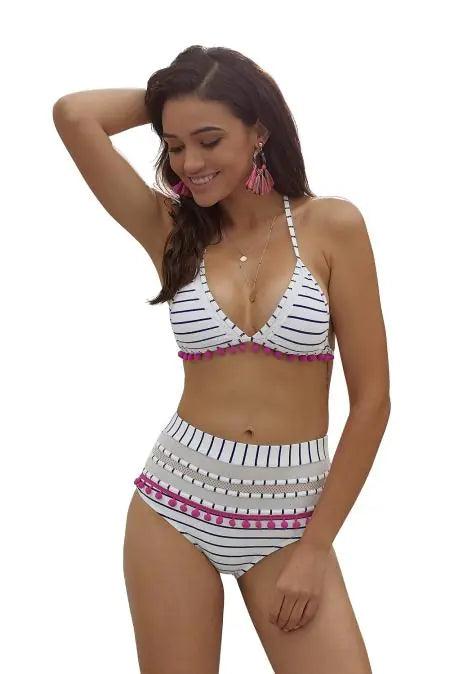 Blå & Vit Pom Pom Hög Midje Bikini Set - Sexig Sommarlook - WIQ