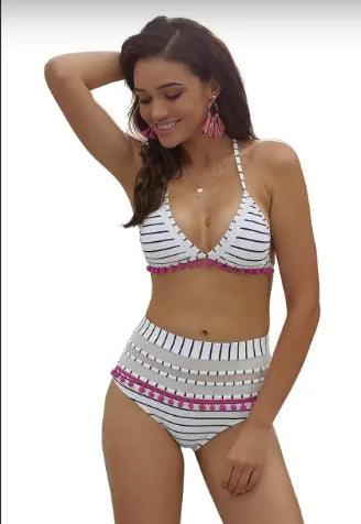 Blå & Vit Pom Pom Hög Midje Bikini Set - Sexig Sommarlook - WIQ