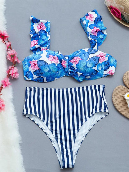 Blå Blomma Bikini Set - Hög Midja & Volang - WIQ