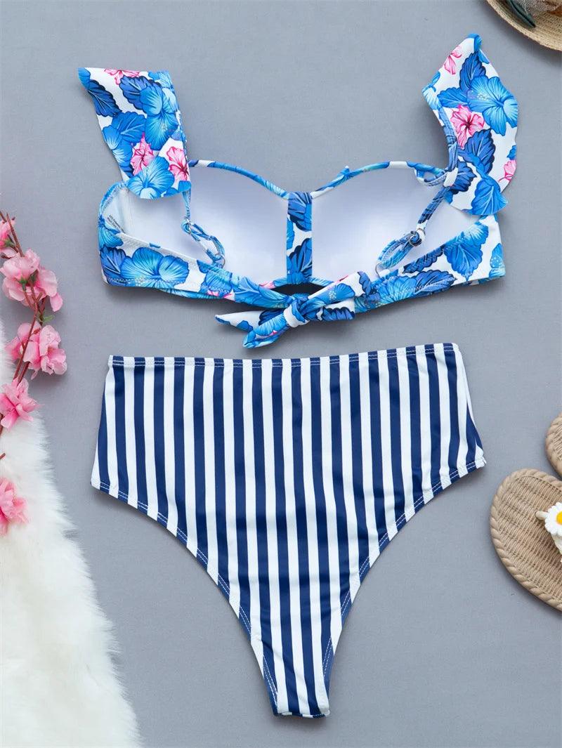 Blå Blomma Bikini Set - Hög Midja & Volang - WIQ