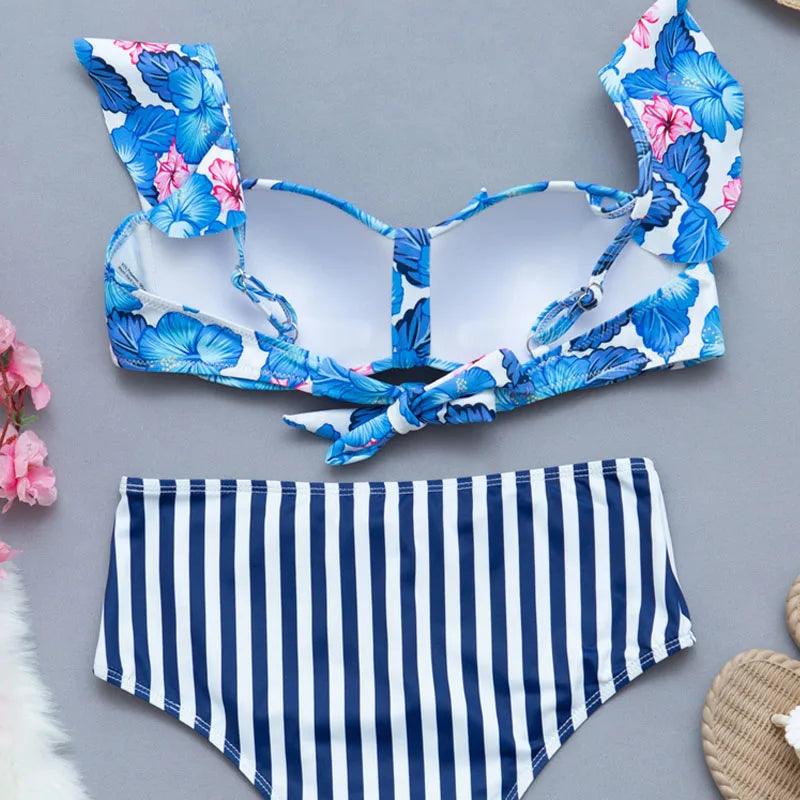 Blå Blomma Bikini Set - Hög Midja & Volang - WIQ