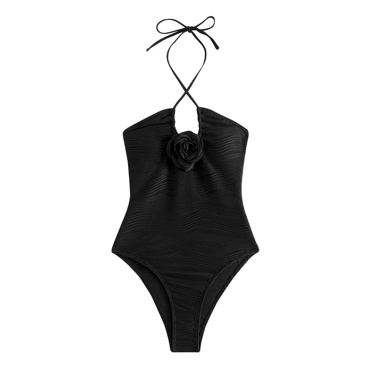 Blommig 3D Halterneck Bikini - Svart/Vit Utsmyckning - WIQ