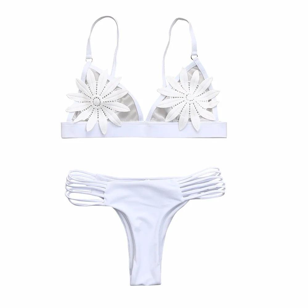 Blommig Push-Up Bikini Set: Vit Vadderad Baddräkt för Sommaren - WIQ