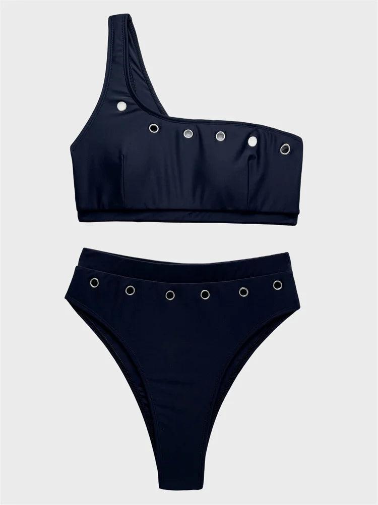 Elegant Bikini Set med Hög Midja och Sexig Ringdekoration - WIQ