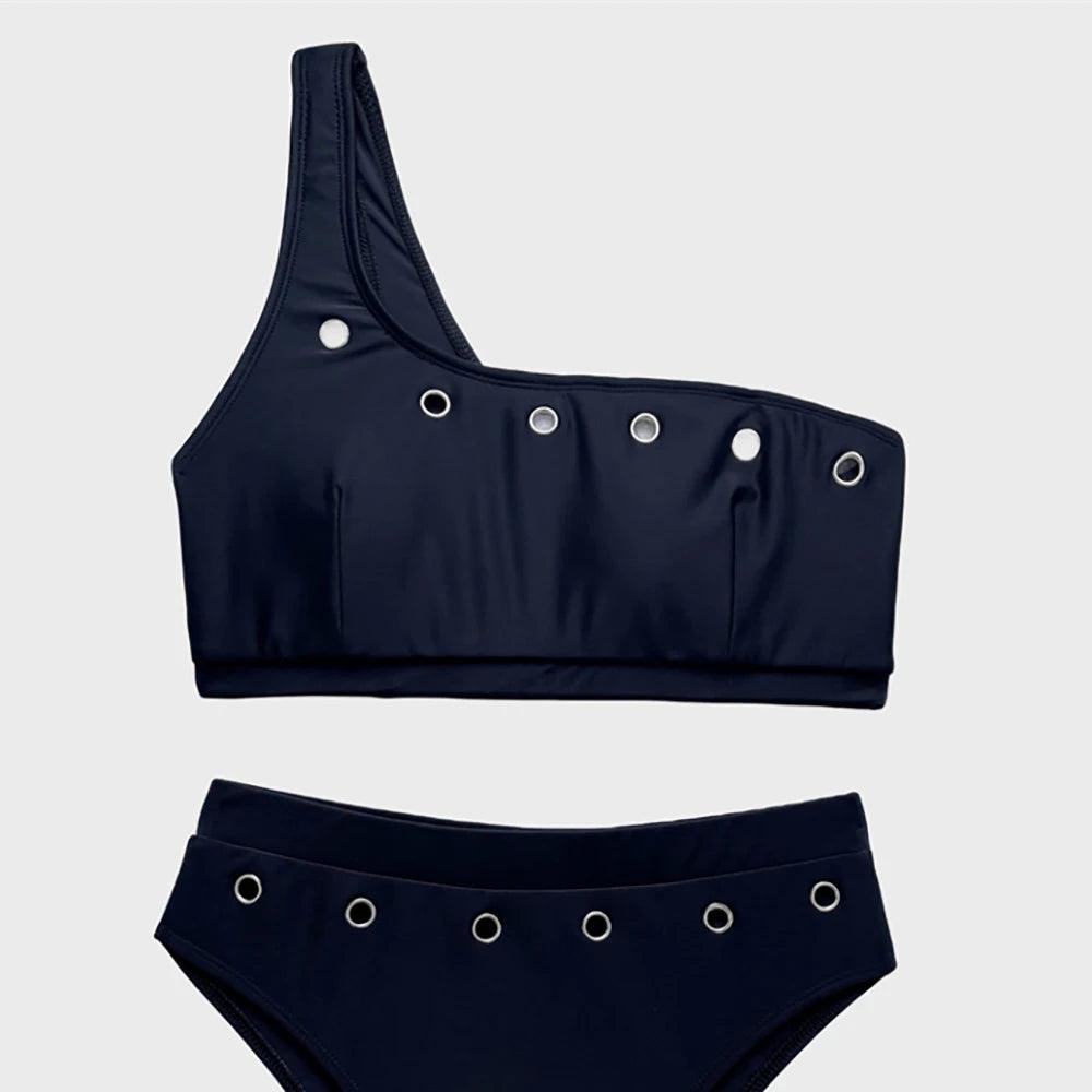 Elegant Bikini Set med Hög Midja och Sexig Ringdekoration - WIQ