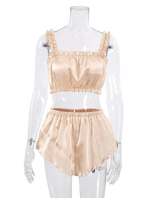 Elegant Champagne Volang Top & Shorts Set - WIQ