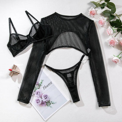 Elegant Nätunderkläder Set med Långärmad Crop Top - WIQ