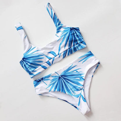 Elegant Vit Bikini med Tropiska Palmblad - Hög Midja - WIQ