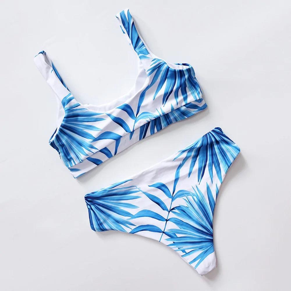 Elegant Vit Bikini med Tropiska Palmblad - Hög Midja - WIQ