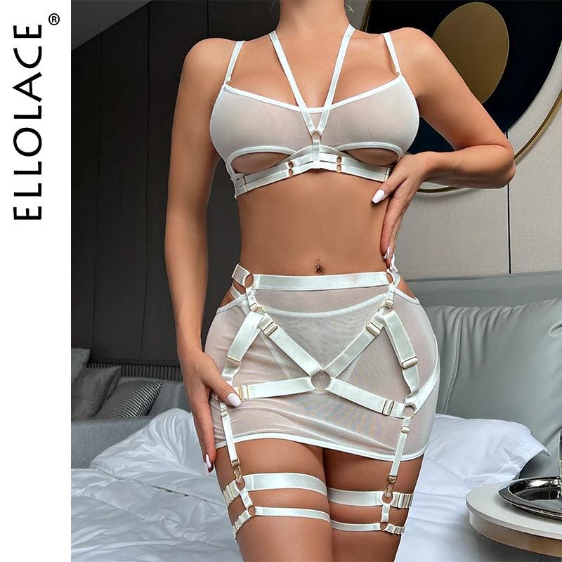 Exotiskt Fetish Underkläderset med Transparent Bh och Strumpeband - WIQ