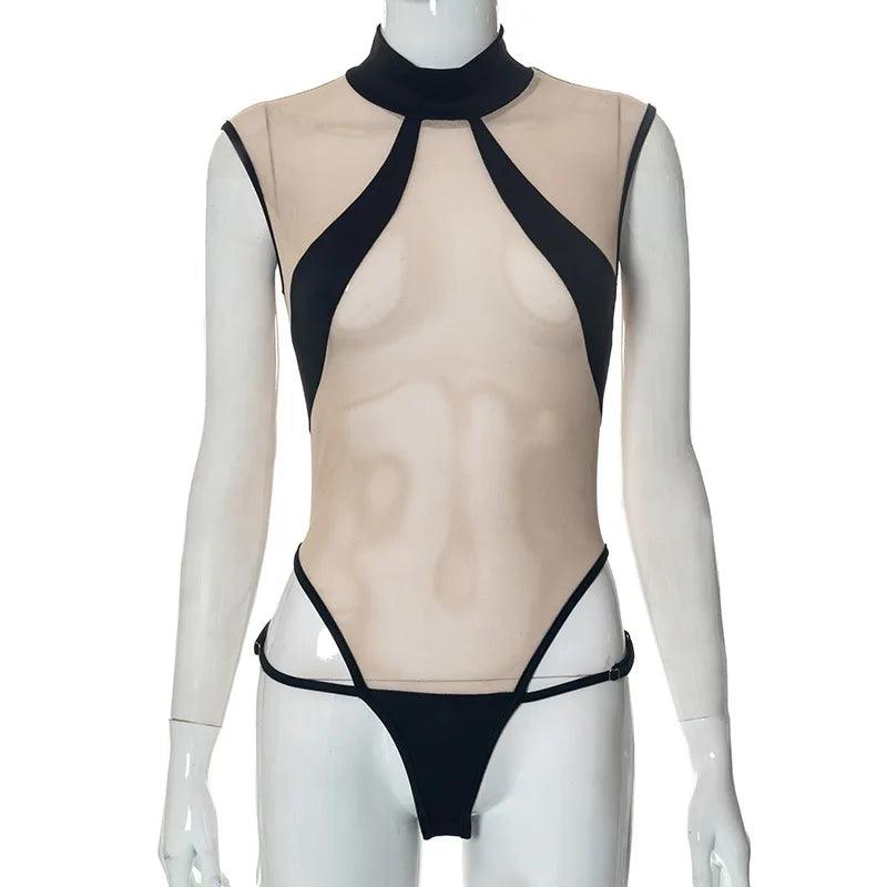 Förledande Beige Mesh Bodysuit med Svart Bikini - WIQ