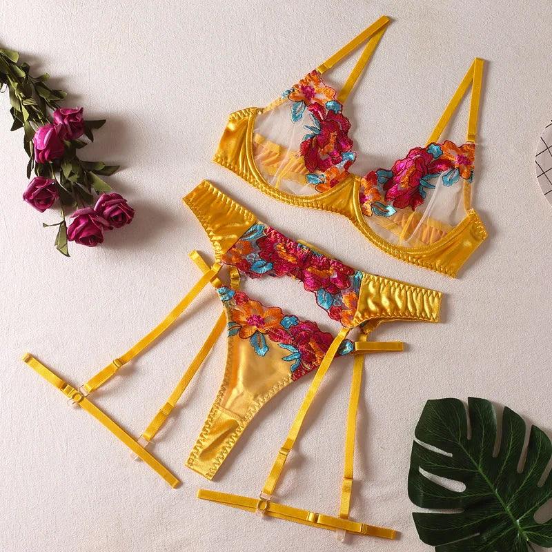 Förtrollande Blommig Lingerie - 3 Delar för Kvinnor - WIQ