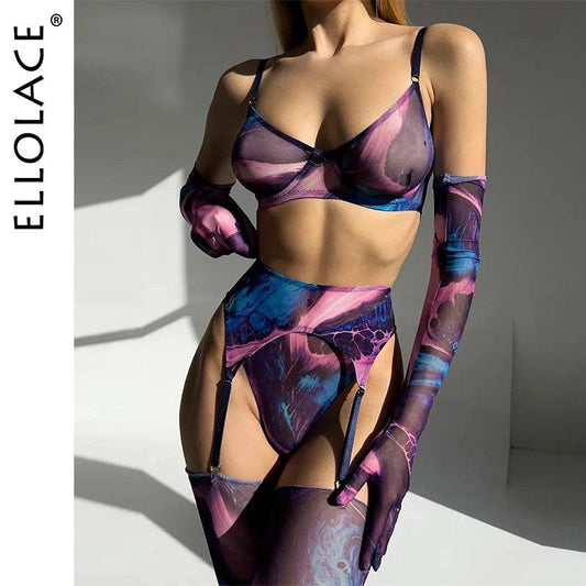 Förtrollande Tie Dye Mesh Underkläder Set med Strumpa Ärm - Sensuell 5-Dels Intimt Set - WIQ