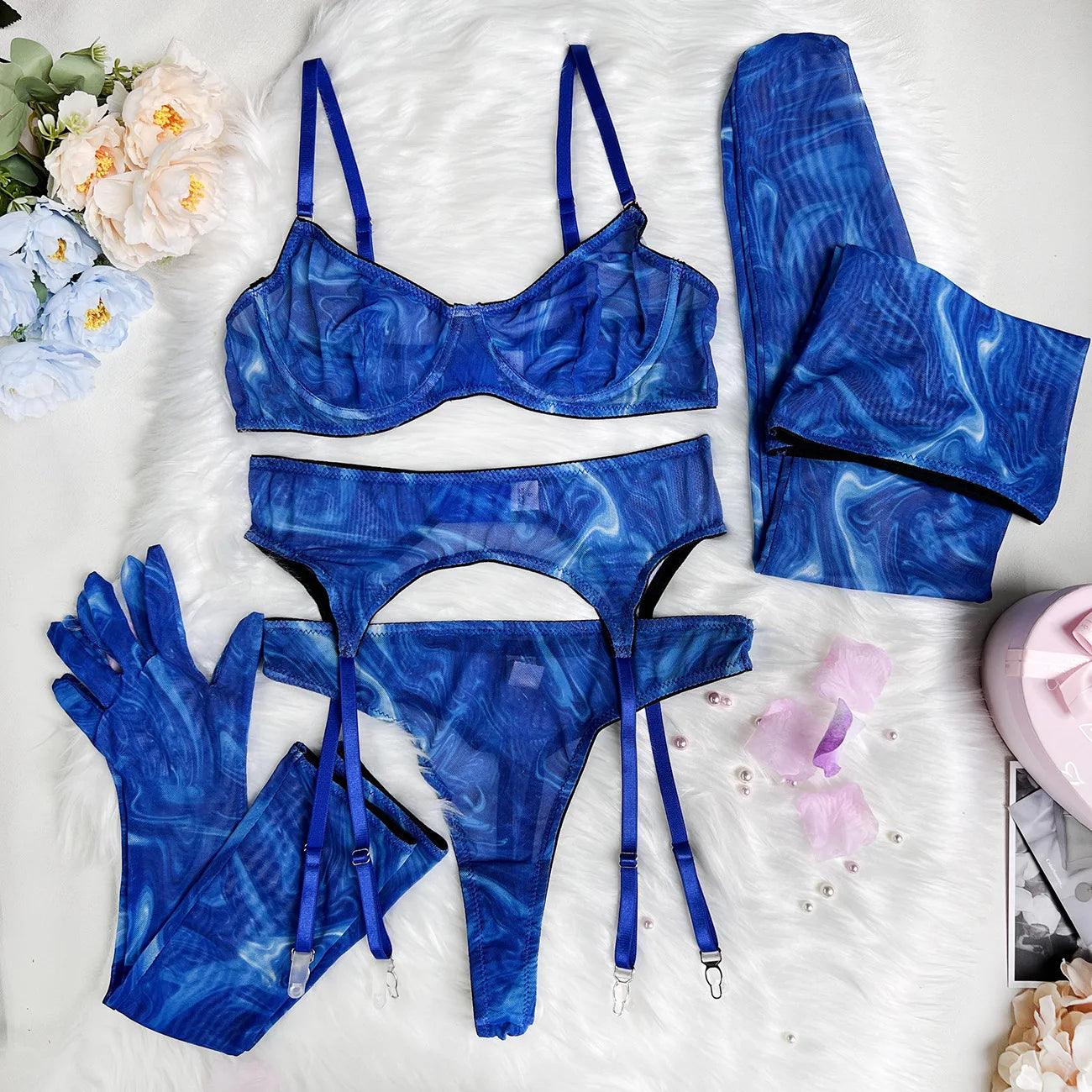 Förtrollande Tie Dye Mesh Underkläder Set med Strumpa Ärm - Sensuell 5-Dels Intimt Set - WIQ