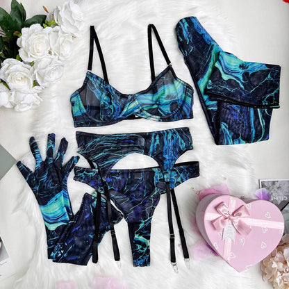 Förtrollande Tie Dye Mesh Underkläder Set med Strumpa Ärm - Sensuell 5-Dels Intimt Set - WIQ