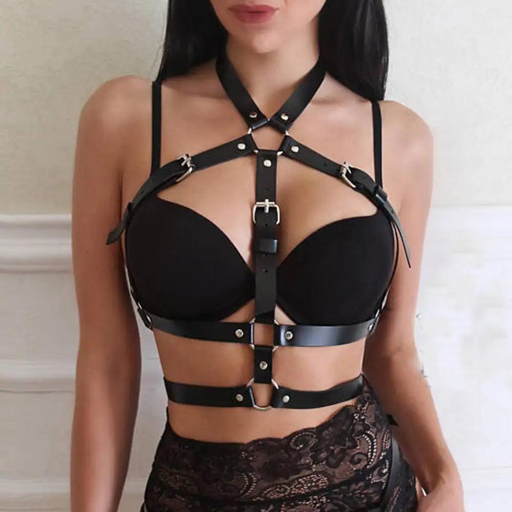 Läder Goth Bondage Set med Metallbälte - Rebellook - WIQ