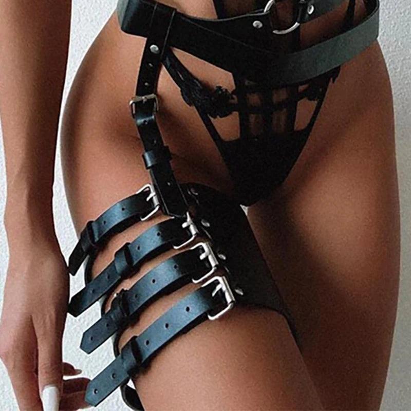 Läder Goth Bondage Set med Metallbälte - Rebellook - WIQ
