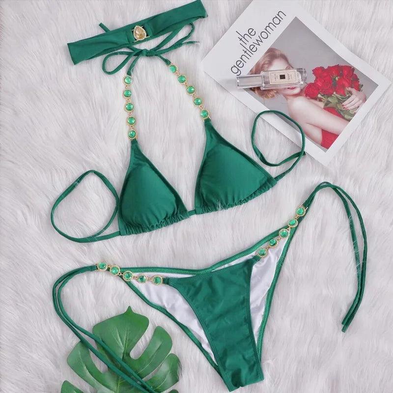 Lyxig 3-Delad Rhinestone-Bikini för Stranden - WIQ