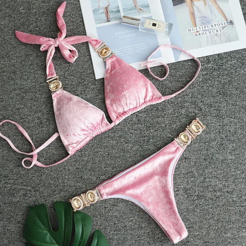 Lyxig Sammet Bikini med Rhinestones för Strandstil - WIQ