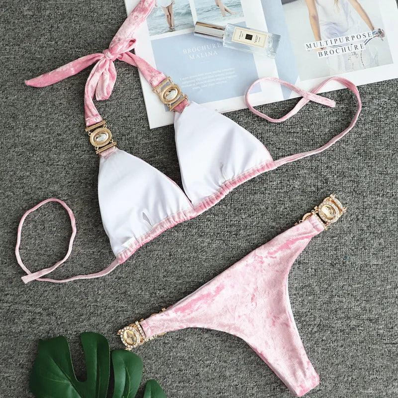 Lyxig Sammet Bikini med Rhinestones för Strandstil - WIQ