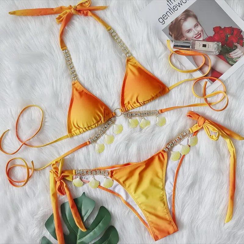 Lyxigt Ombre Beachwear Set med Kristalldiamanter - WIQ