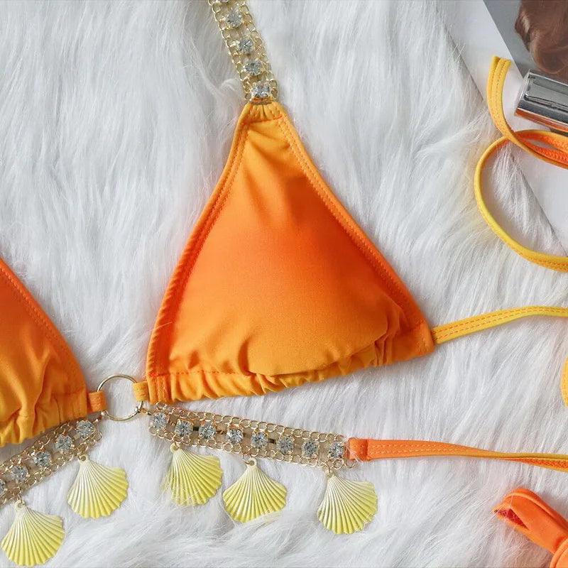 Lyxigt Ombre Beachwear Set med Kristalldiamanter - WIQ