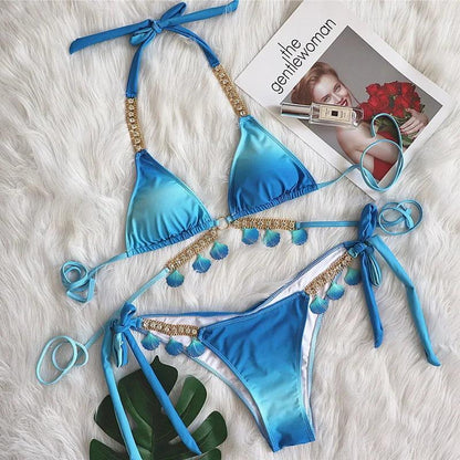 Lyxigt Ombre Beachwear Set med Kristalldiamanter - WIQ