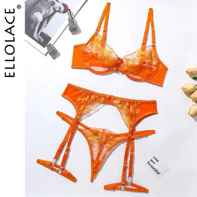 Oransjblommig Spetsfantasi Underkläder - Lockande 3-Delad Transparent. - WIQ
