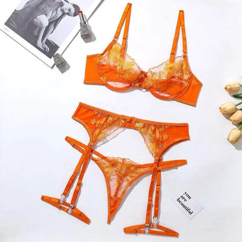 Oransjblommig Spetsfantasi Underkläder - Lockande 3-Delad Transparent. - WIQ