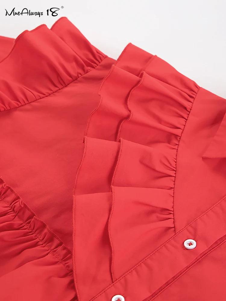 Röd Bomull Klänning med Volangdetaljer - Stilfullt Mode - WIQ