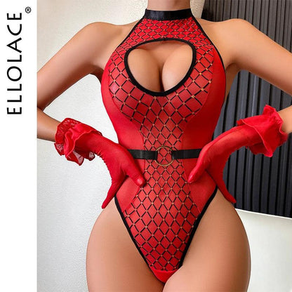 Rött Rutigt Bodysuit Set med Handskar - Sensuell Elegans - WIQ