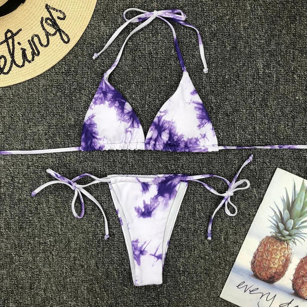 Snygg Tie-Dye Bikini Set med Snörning och Push-Up BH - WIQ