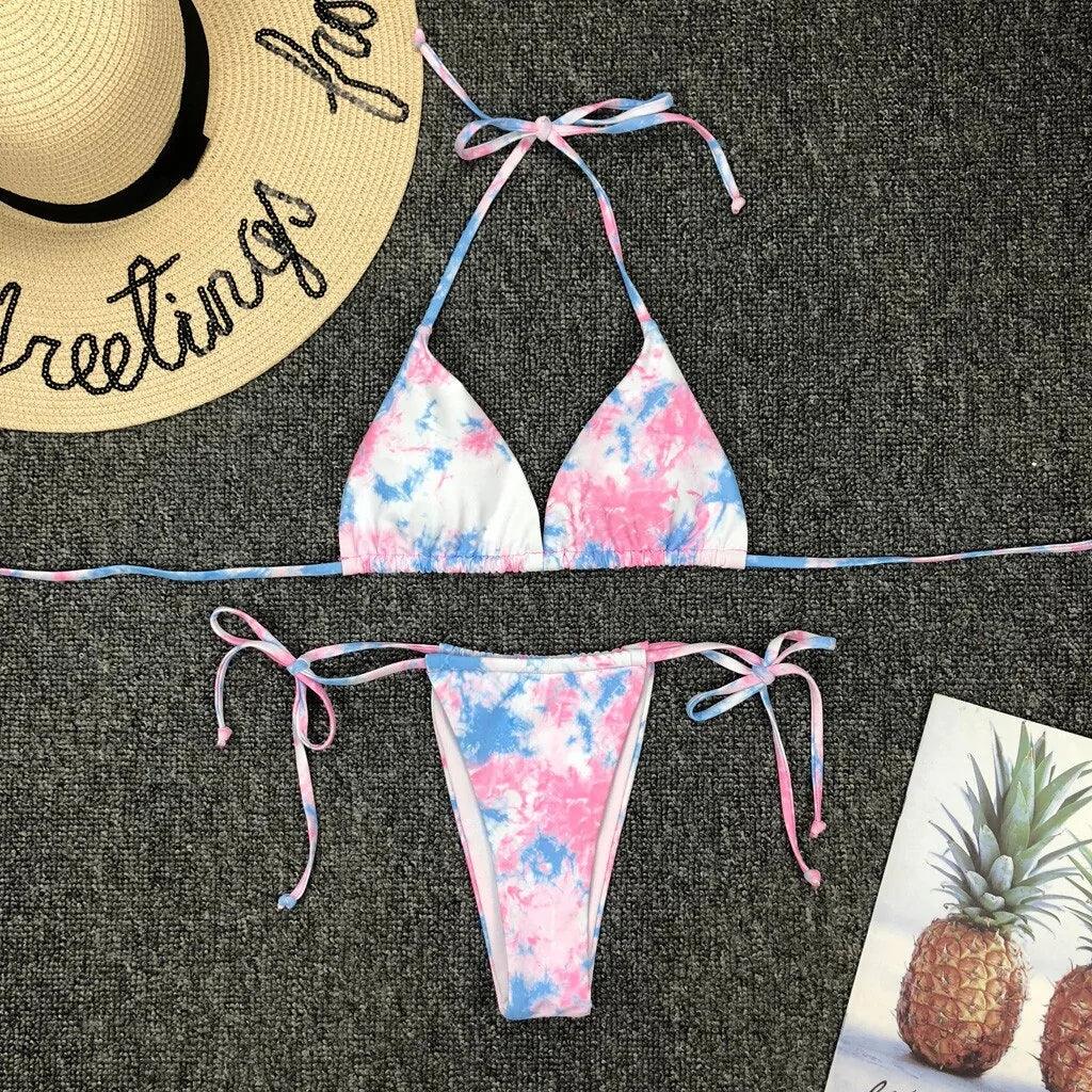 Snygg Tie-Dye Bikini Set med Snörning och Push-Up BH - WIQ