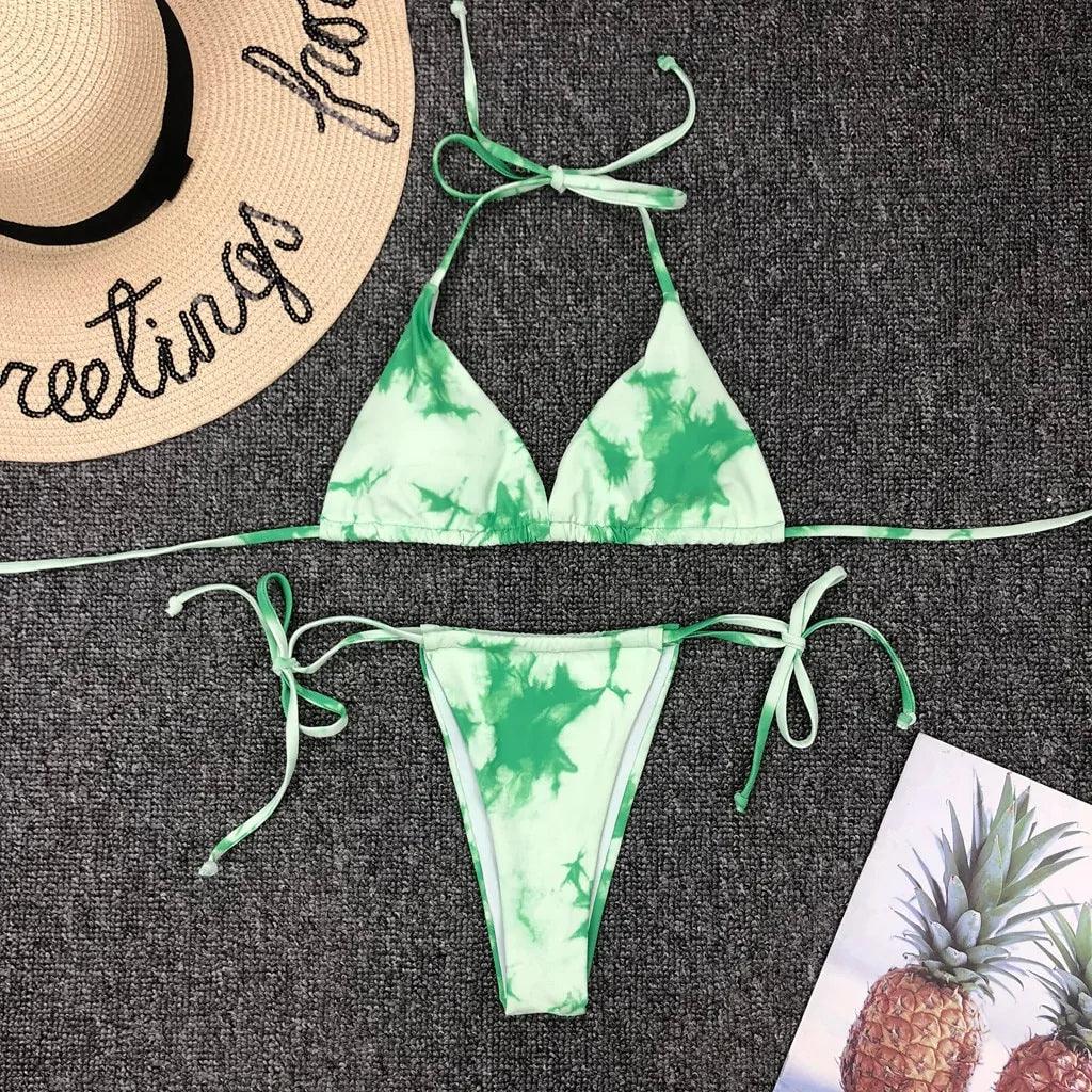 Snygg Tie-Dye Bikini Set med Snörning och Push-Up BH - WIQ