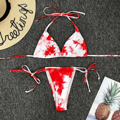 Snygg Tie-Dye Bikini Set med Snörning och Push-Up BH - WIQ