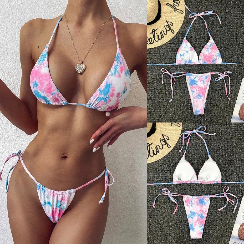 Snygg Tie-Dye Bikini Set med Snörning och Push-Up BH - WIQ