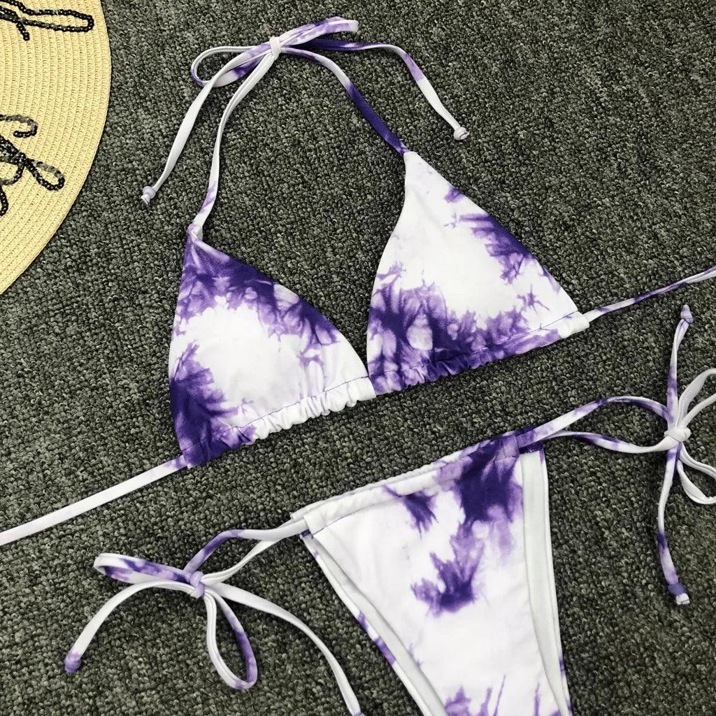 Snygg Tie-Dye Bikini Set med Snörning och Push-Up BH - WIQ