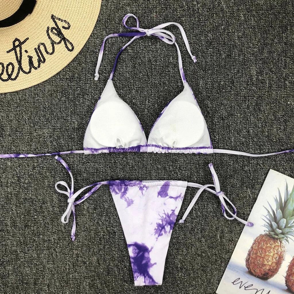 Snygg Tie-Dye Bikini Set med Snörning och Push-Up BH - WIQ