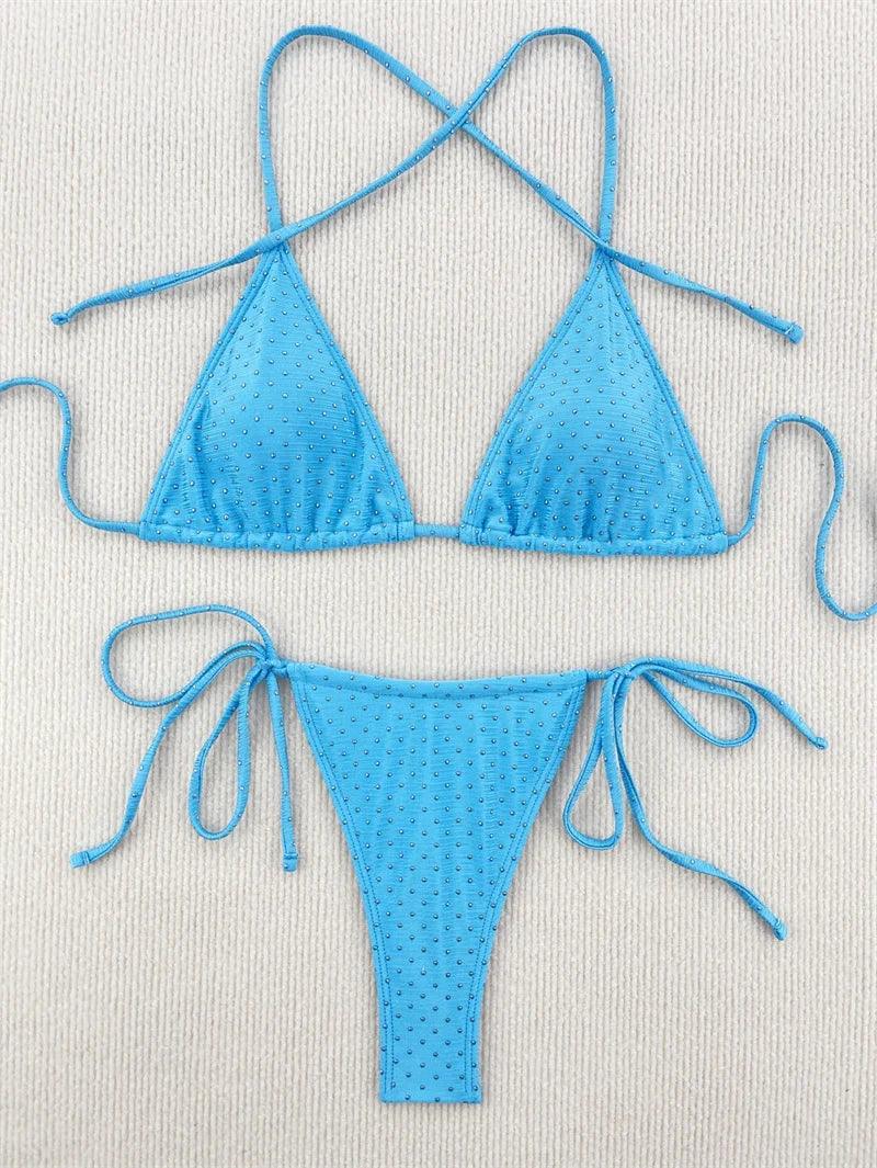 Strålande Rhinestone Halterneck Bikini för Strandens Glans - WIQ