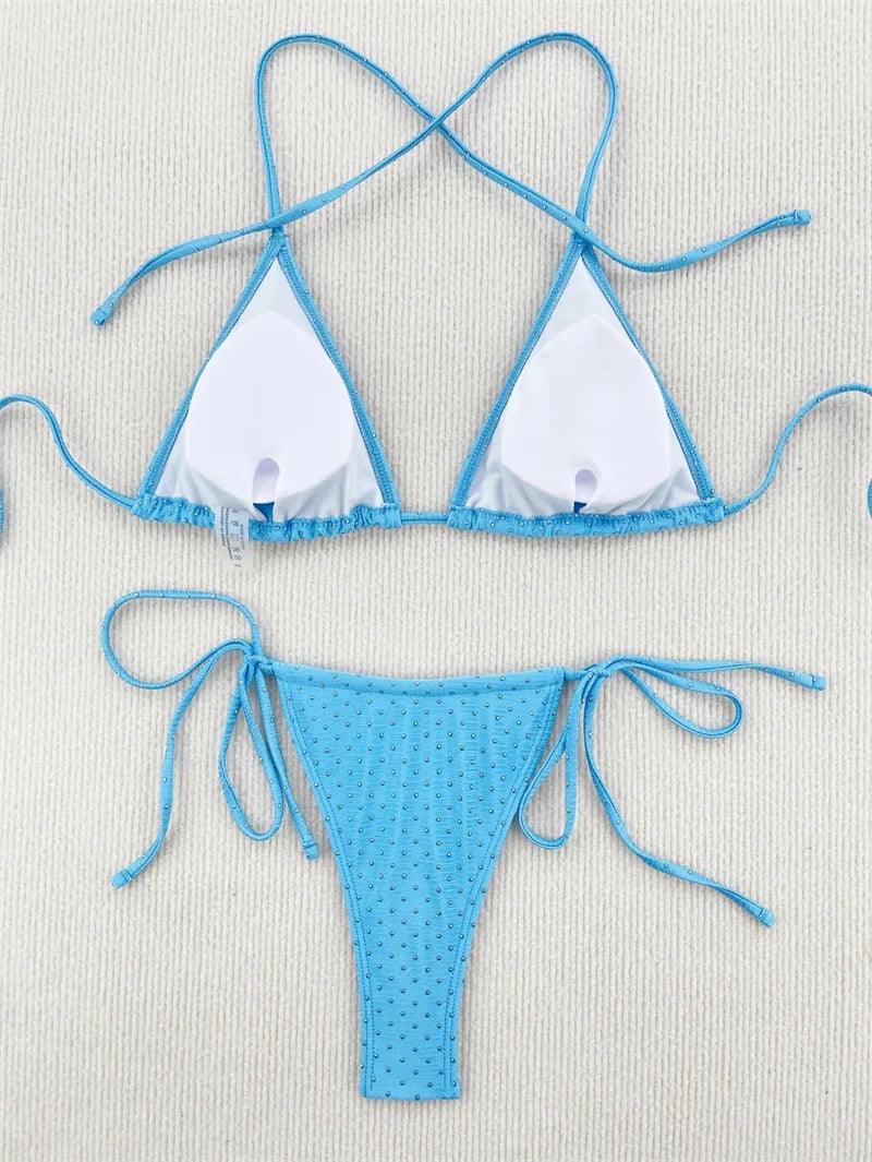 Strålande Rhinestone Halterneck Bikini för Strandens Glans - WIQ