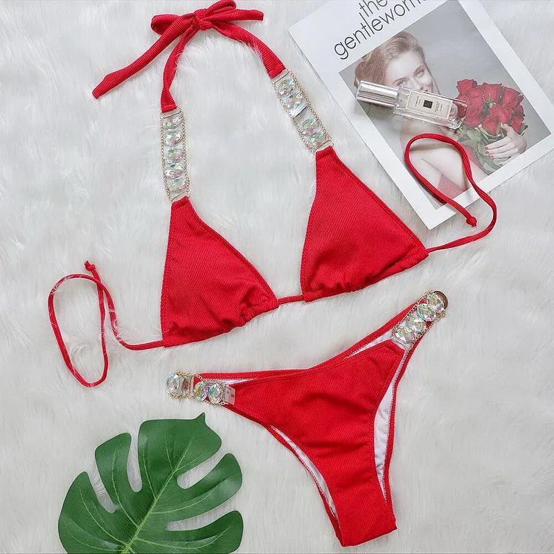 Strandglamour Bandage Bikini med Färgglittrande Rhinestones - WIQ