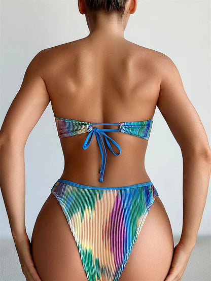 Strandkläder Set med Tie-Dye Bandeau - Hög midja Glamour - WIQ