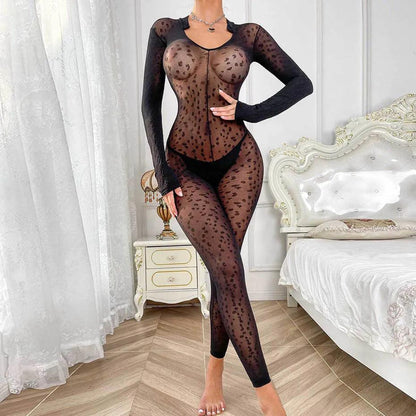 Svart Leopard Bodysuit med Öppen Gren: Sensuell Teddy Underkläder - WIQ