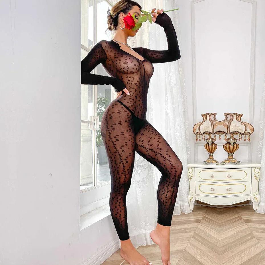 Svart Leopard Bodysuit med Öppen Gren: Sensuell Teddy Underkläder - WIQ