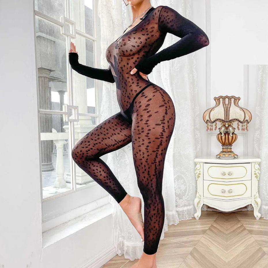 Svart Leopard Bodysuit med Öppen Gren: Sensuell Teddy Underkläder - WIQ