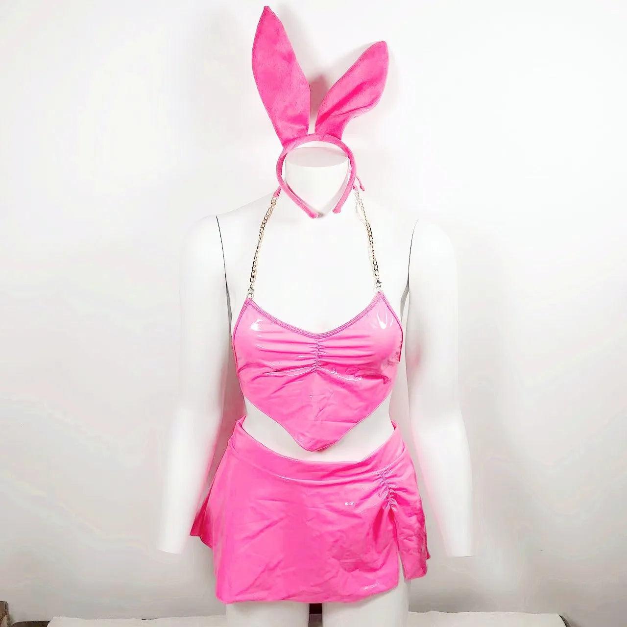 Ultimat Neonrosa Latexset - Kvinna 3-delars Bunny - WIQ