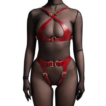 Utmanande Faux Läder Bondage Set med Suspenders och BH - WIQ