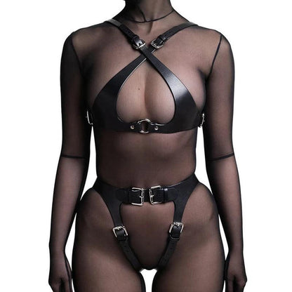 Utmanande Faux Läder Bondage Set med Suspenders och BH - WIQ